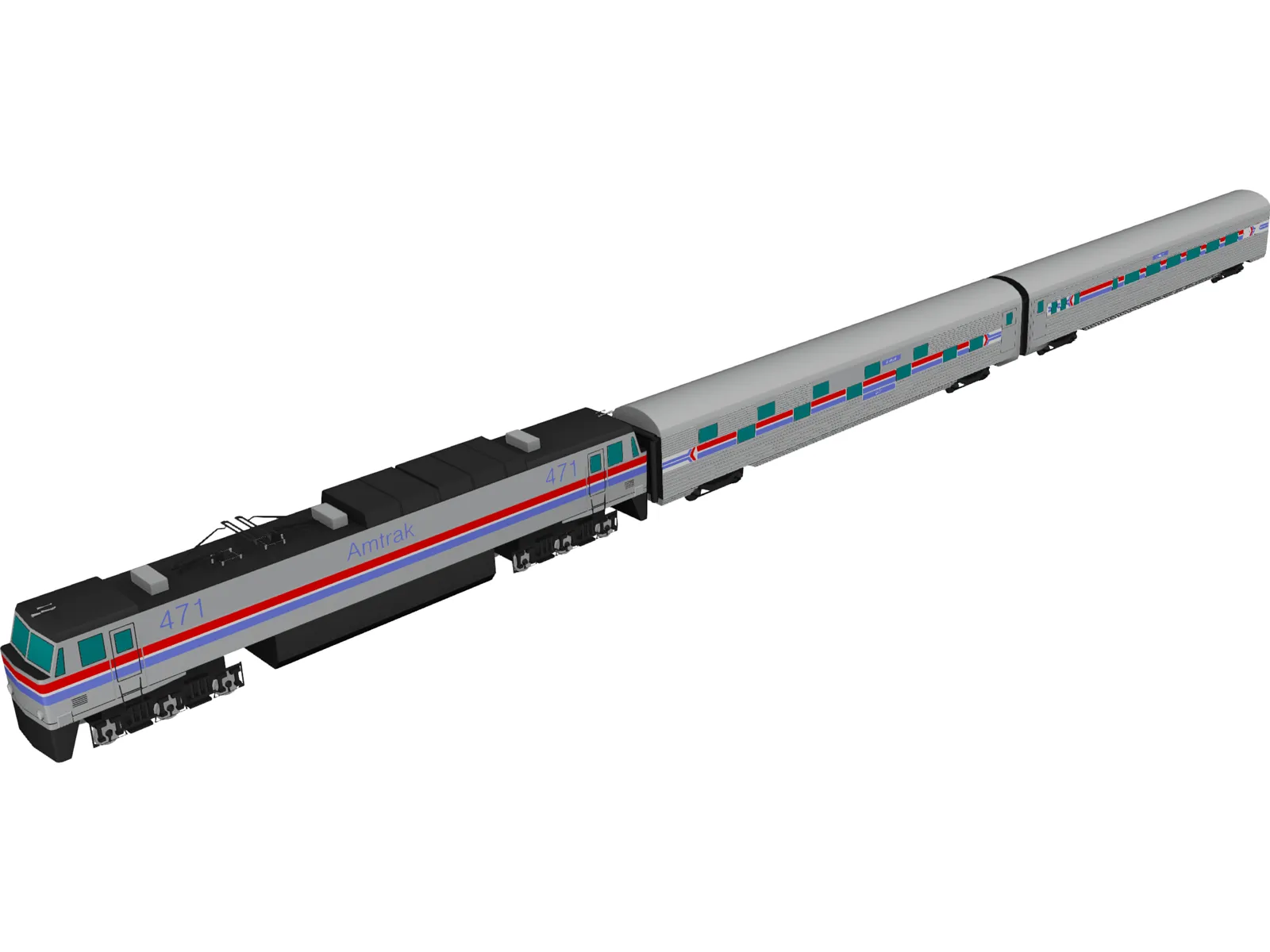 Amtrak Engine and Coachs 3D Model