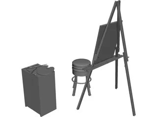 Artist Easel, Stool, Palette, and Brushes 3D Model 3D Preview