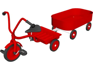 Tricycle and Wagon Red Classic 3D Model