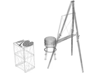 Artist Easel, Stool, Palette, and Brushes 3D Model