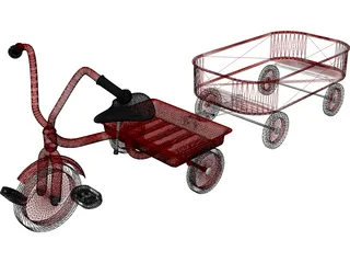 Tricycle and Wagon Red Classic 3D Model