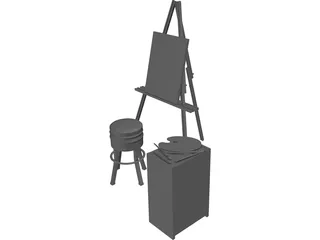 Artist Easel, Stool, Palette, and Brushes 3D Model