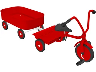 Tricycle and Wagon Red Classic 3D Model