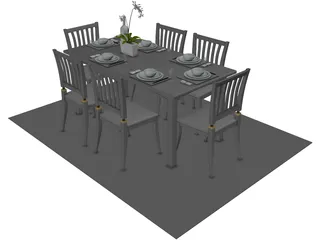 Table Set Dinner with Flower 3D Model