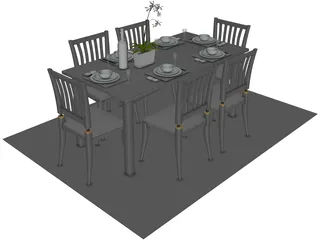 Table Set Dinner with Flower 3D Model