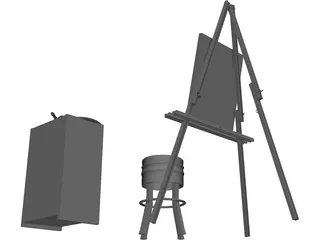 Artist Easel, Stool, Palette, and Brushes 3D Model