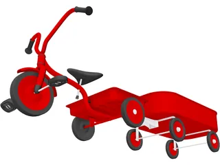 Tricycle and Wagon Red Classic 3D Model