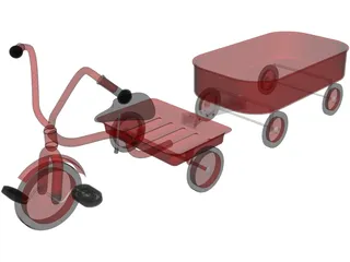 Tricycle and Wagon Red Classic 3D Model