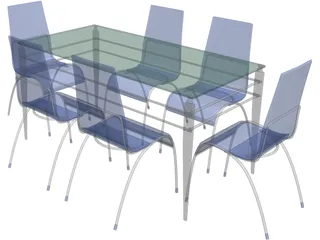 Table Steel Plastic and Glass with Chairs 3D Model